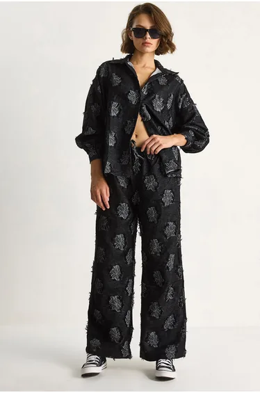 LUCCI Embroidered Oversized Shirt and Wide Leg Trousers Co-Ord Set