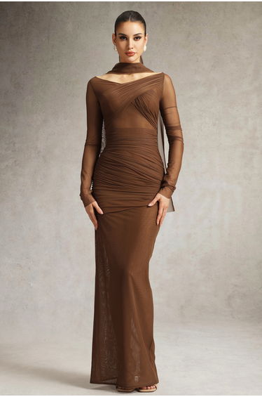Zimino Long Sleeve Ruched Tulle Maxi Dress