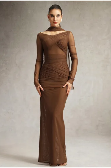 Zimino Long Sleeve Ruched Tulle Maxi Dress
