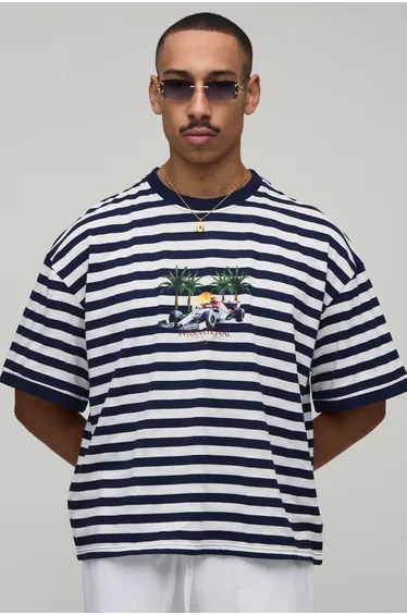 Oversized Boxy Stripe Sports Car Print T-Shirt - navy