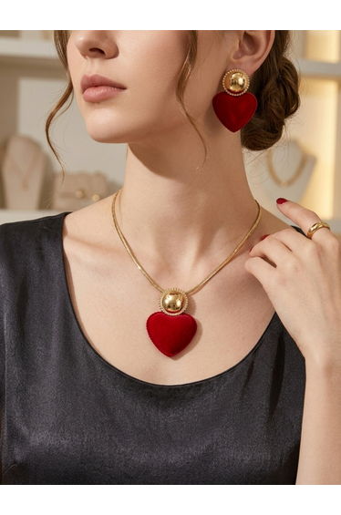 Red Heart Pendant Necklace with Earrings Set