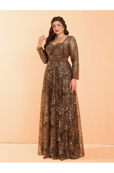 Leely Plus Sequin Embroidery A-Line Long Sleeve Party Gown