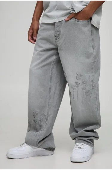 بنطلون دينيم جينز بتطريز أزهار - رمادي