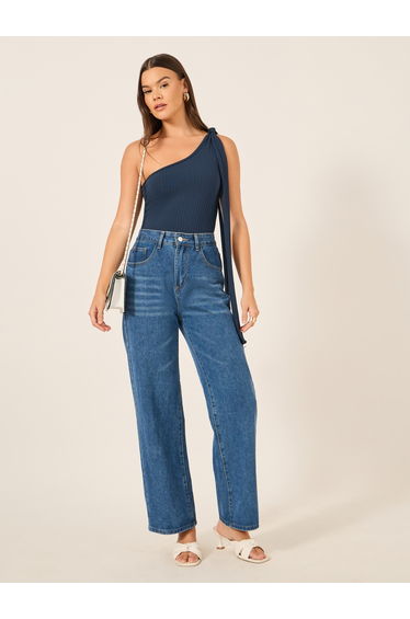 Ribbed One-Shoulder Tie Neck Fitted Tank T-Shirt