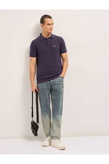 Men Pure Cotton Textured Flat Knit Slim Fit Polo