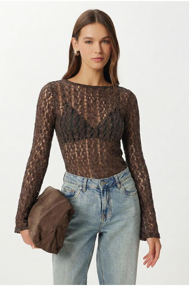 ISTANBUL Lace Crew Neck Long Sleeve Blouse