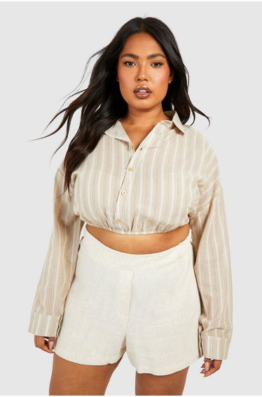 Plus Stripe Linen Gathered Hem Crop Shirt