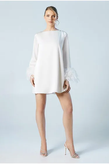 Feather Cuff Satin Bridal Mini Dress