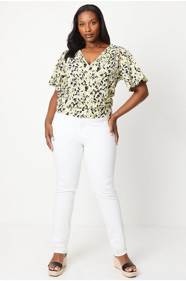 Curve Khaki Abstract Wrap Flutter Sleeve Top