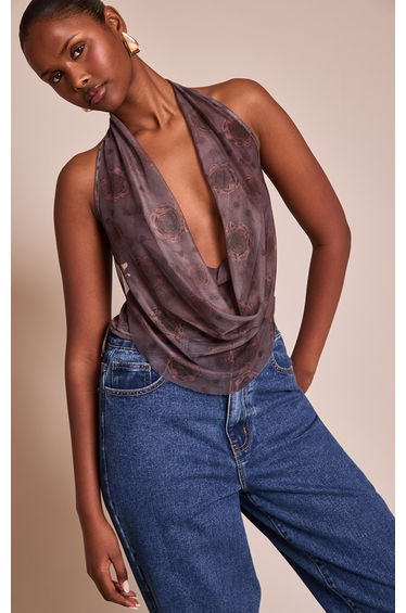 Dark Mauve Rose Print Mesh Halter Neck Top