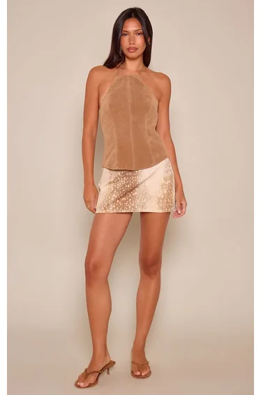 Brown Deer Print Denim Mini Skirt