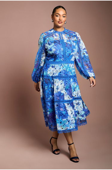 Plus Printed Lace Panelled Long Sleeve Dress