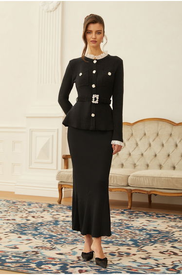 Ellinor Black Embellished Knit Top & Skirt Set
