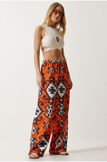 Women's Orange Patterned Raw Linen Palazzo Trousers