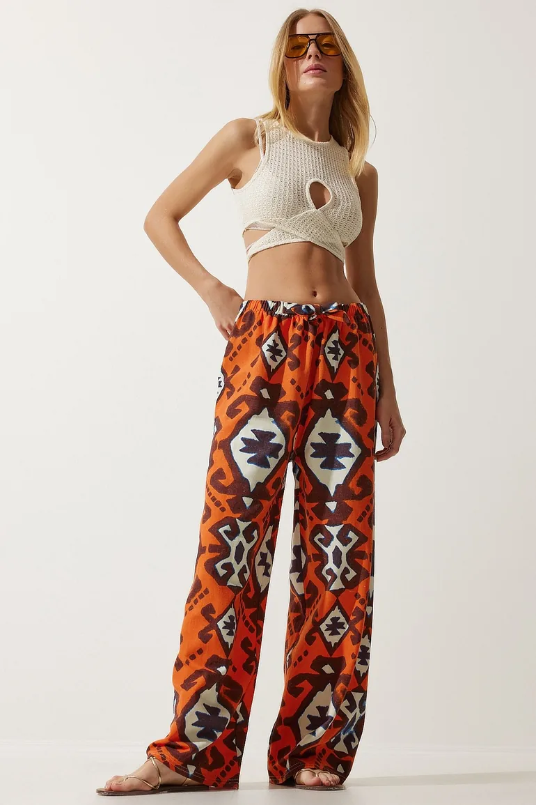 Women's Orange Patterned Raw Linen Palazzo Trousers - 4