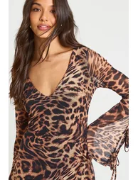 V Neck Leopard Mesh Shift Dress - leopard - 3
