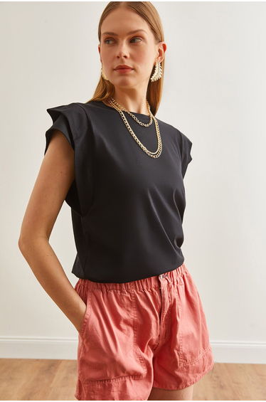Women's Black Sleeve Detailed Cotton T-Shirt