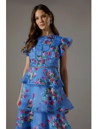 Lace Trim Tiered Organza Midi Dress - 1
