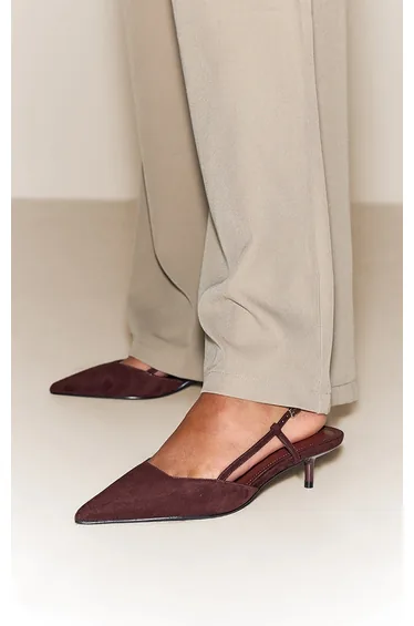 Chocolate Faux Suede Kitten Heel Sling Back Courts