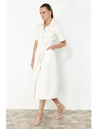 Ecru Belted Midaxi  Denim Dress - 4