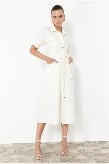 Ecru Belted Midaxi  Denim Dress