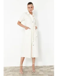 Ecru Belted Midaxi  Denim Dress