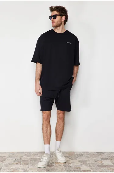 Black Men's Tracksuit Set Oversize Text Printed 100% Cotton