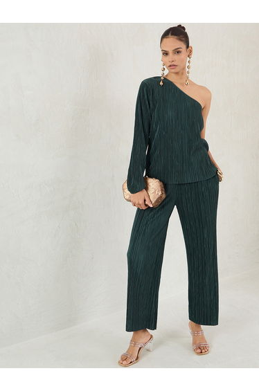 Green Pleated Wide-Leg Trousers