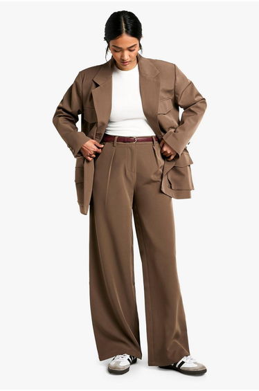 Woven Tailored Wide Leg Trousers - mocha