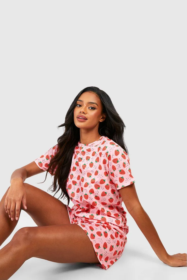 Valentine's Strawberry Print Pyjama Shorts Set - red - 3