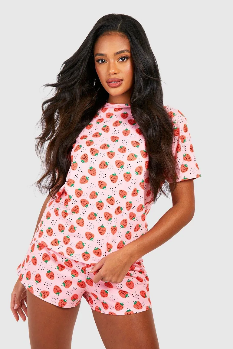 Valentine's Strawberry Print Pyjama Shorts Set - red