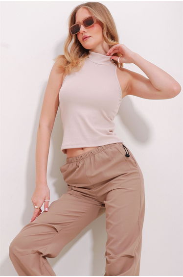 Women's Beige High Neck Halter Sleeve Camisole Blouse