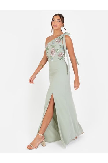 Maya Sage Green Floral Embellished Self-Tie One Shoulder Maxi Dress