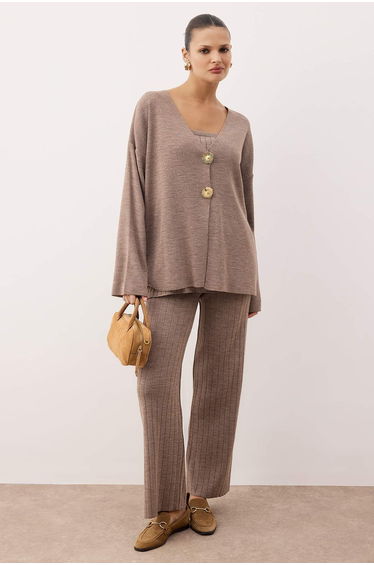 Mink V-Neck Blouse-Cardigan-Pants Knitwear Bottom - Top Set