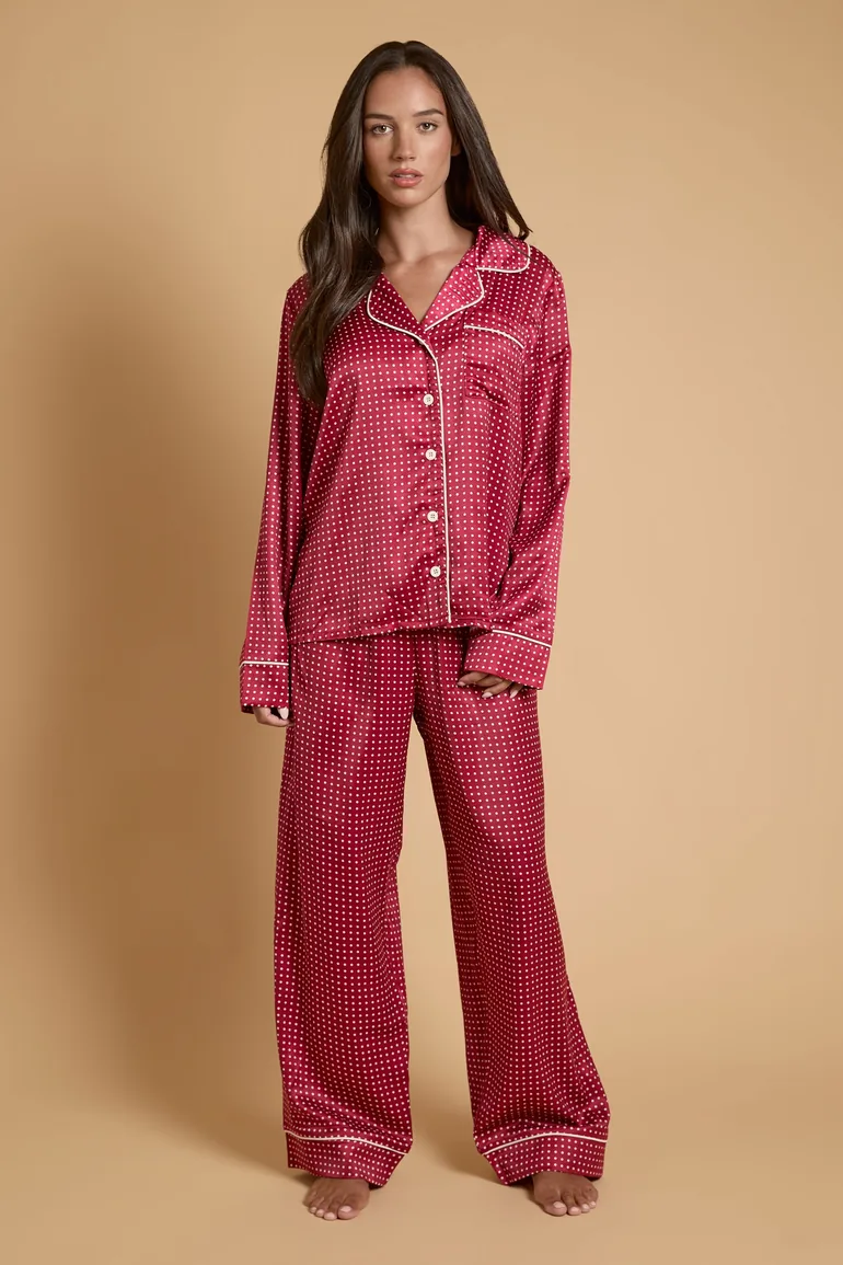 Burgundy Spot Long Sleeve Satin Printed Nightwear Set
