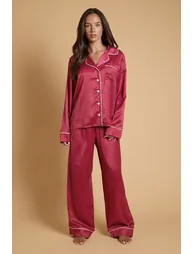 Burgundy Spot Long Sleeve Satin Printed Nightwear Set