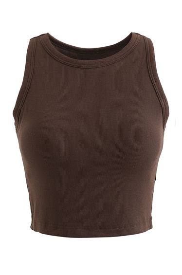 Solid Color Ribbed Tank Top in Brown