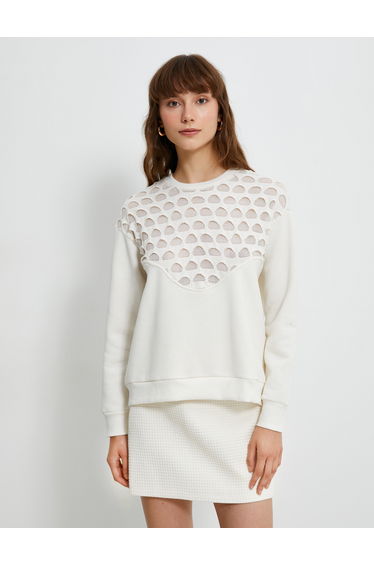 Crew Neck Fishnet Detail Long Sleeve Sweatshirt