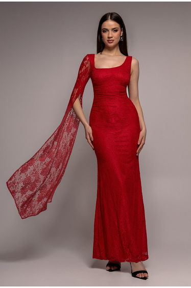 One Shoulder Cape Sleeve Pleated Lace Maxi Dress - Red by Goddiva