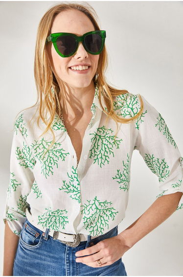 Women's Bush Green Sleeve Folded Linen Shirt