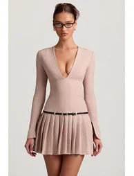 Long-Sleeve Pleated Mini Dress in Mushroom - 1