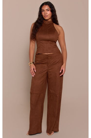 Shape Brown Suede Seam Front Wide Leg Trouser
