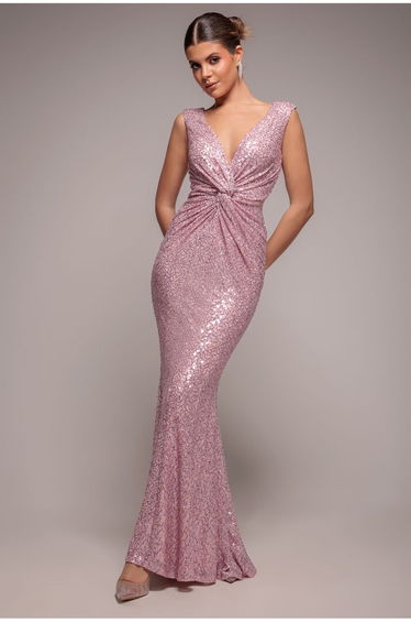 Goddiva Twisted Front Sequin Maxi - Blush