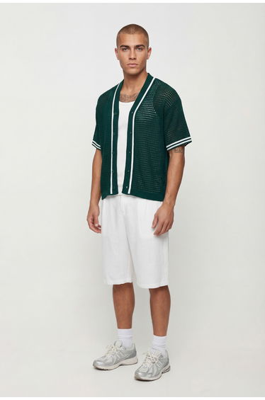 Relaxed Boxy Baseball Open Stitch Knitted Top - forest