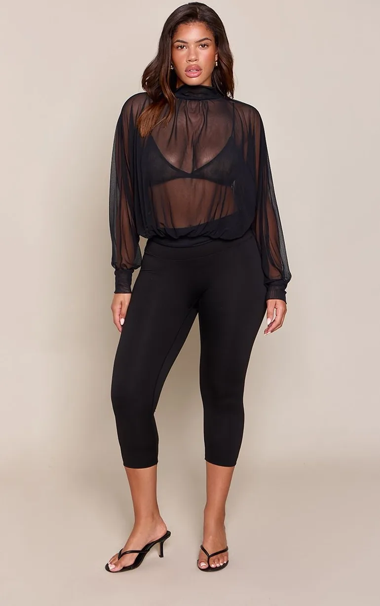 Shape Black Open Back High Neck Cuff Sleeve Top