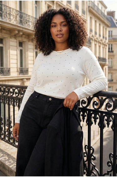 Ecru stone embellished crew neck knit blouse