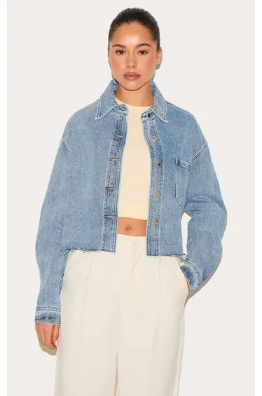Mid Blue Wash Raw Hem Cropped Denim Shirt