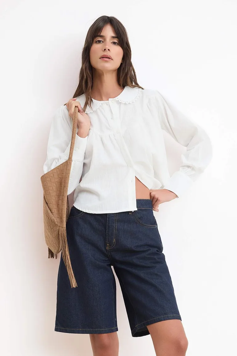 White Lace Paneled Gathered Cotton Shirt - 3