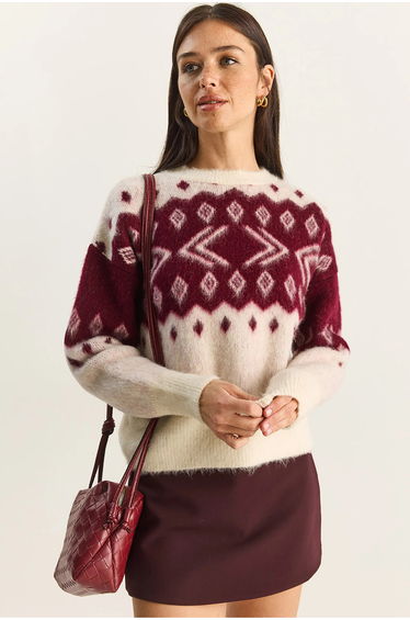 LUCCI Ethnic Pattern Thick Knit Sweater with Crew Neck
