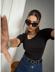 Women Black Asymmetrical Neck Ribbed Top - 2